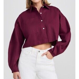 Selfi Crop Blouse Women's Sz S 100% Cotton Maroon Long SL Oversized Cape Town